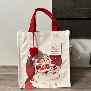NWT SLEIGH HILL VINTAGE INSPIRED SANTA CANVAS TOTE BAG WITH POMPOM